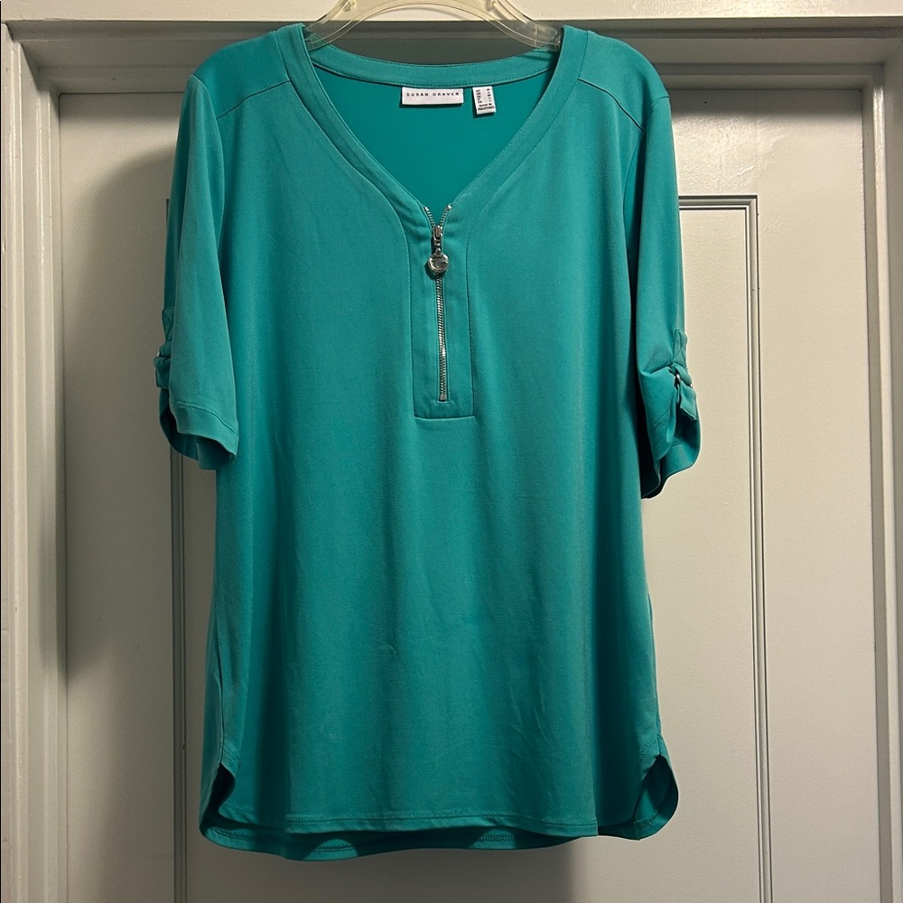 Susan Graver Teal Zip-Front Women’s Blouse - NWOT, Size Medium